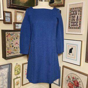 60s Vintage Classic Dark Blue Square Neck Burlap Shift Dress with Pockets Size M